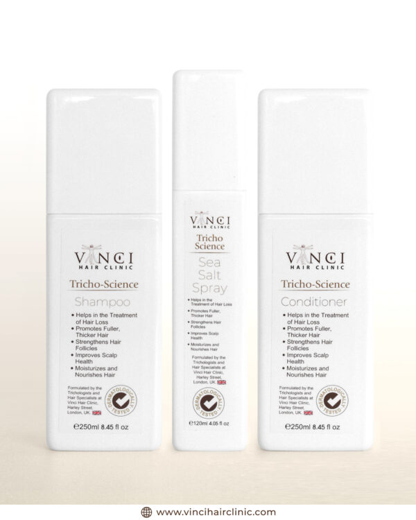 The full Vinci Hair Clinic TrichoScience Kit, a full set of hair care products designed for people who are experiencing hair loss
