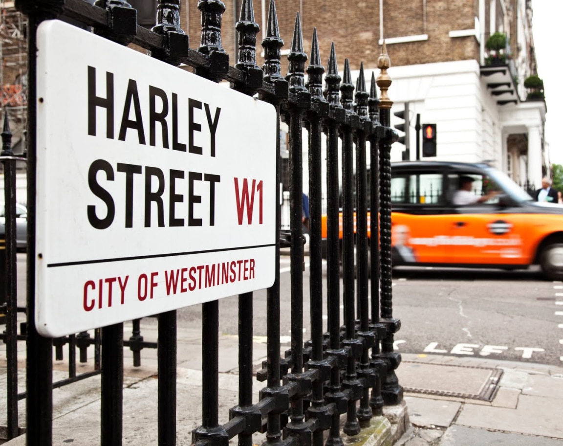 Harley Street sign outside Vinci Hair Clinic in London