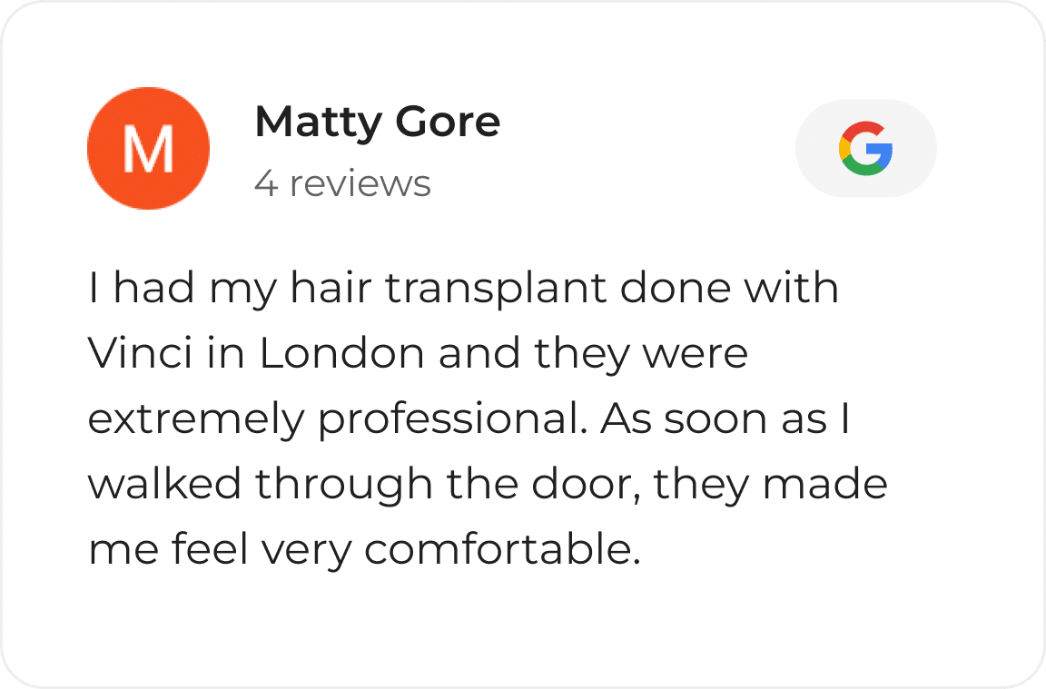 Google review card from a Vinci Hair Clinic patient
