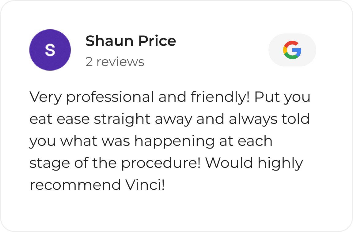 Google review card from a Vinci Hair Clinic patient