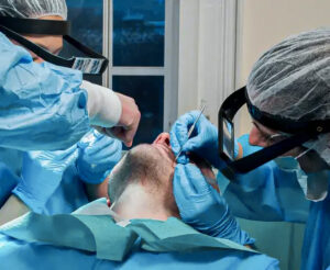 A man recieving top quality care during his beard transplant procedure. Which when done right there is no risk of a beard transplant scar.